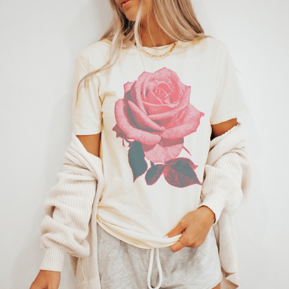 Rose Halftone Graphic Tee Pop Art Flower Design
